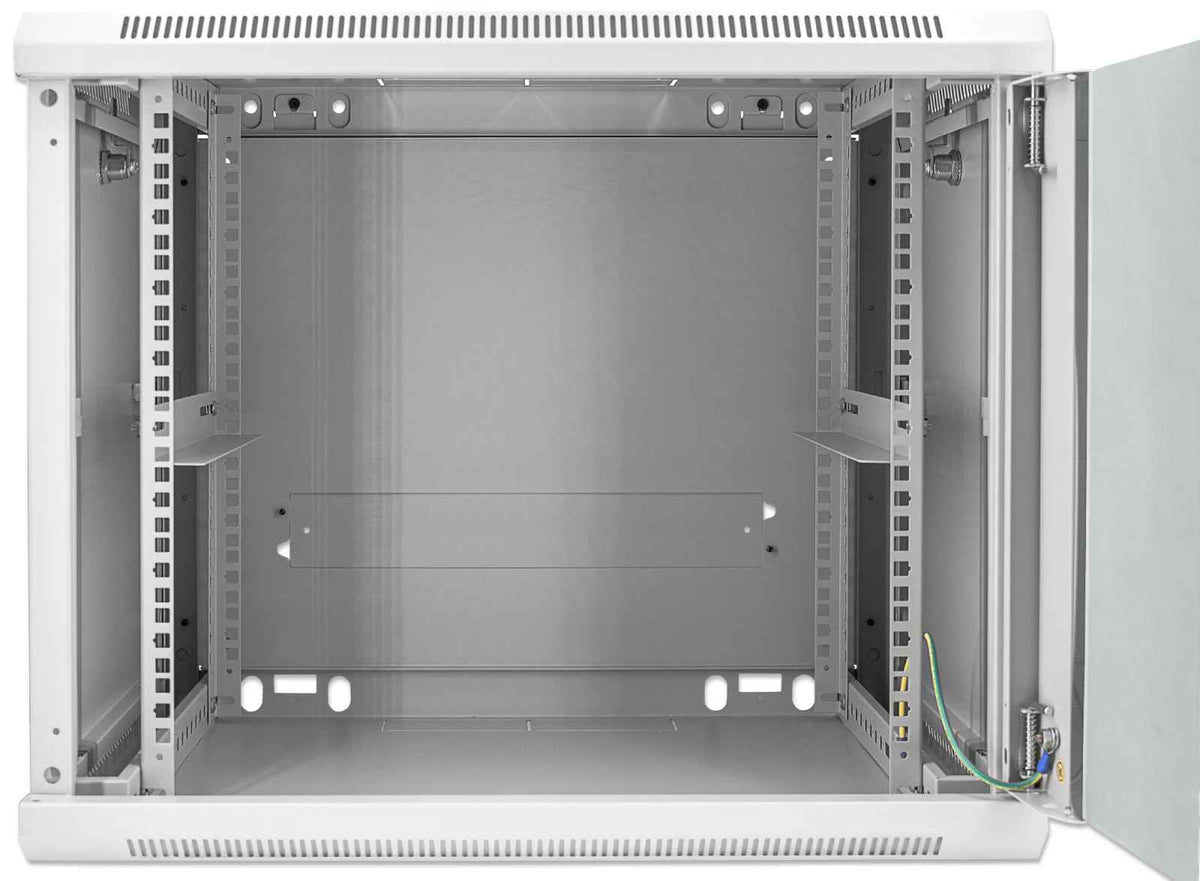 Intellinet 19" Network Cabinet - Wall Mount (Standard), 9U, 450mm Deep, Grey, Assembled, Max 60kg, Suitable also for use on desk or floor, Usable Depth 350mm, Metal & Glass Door, Back Panel, Removeable Sides, Parts for wall install (eg screws/rawl plugs)