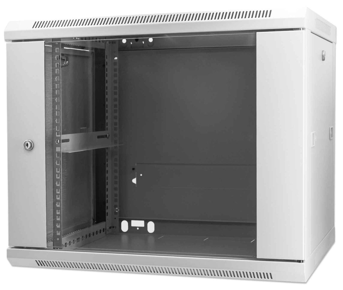 Intellinet 19" Network Cabinet - Wall Mount (Standard), 9U, 450mm Deep, Grey, Assembled, Max 60kg, Suitable also for use on desk or floor, Usable Depth 350mm, Metal & Glass Door, Back Panel, Removeable Sides, Parts for wall install (eg screws/rawl plugs)
