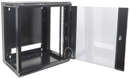 Intellinet 19" Network Cabinet - Wall Mount (Standard), 12U, 600mm Deep, Black, Flatpack, Max 60kg, Suitable also for use on desk or floor, Usable Depth 410mm, Metal & Glass Door, Back Panel, Removeable Sides, Parts for wall install (eg screws/rawl plugs)