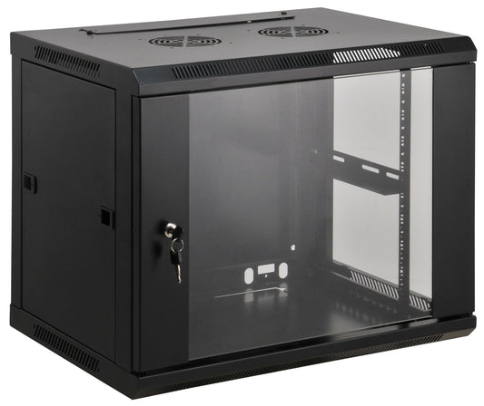 Intellinet 19" Network Cabinet - Wall Mount (Standard), 12U, 450mm Deep, Black, Assembled, Max 60kg, Suitable also for use on desk or floor,Usable Depth 350mm, Metal & Glass Door, Back Panel, Removeable Sides, Parts for wall install (eg screws/rawl plugs)