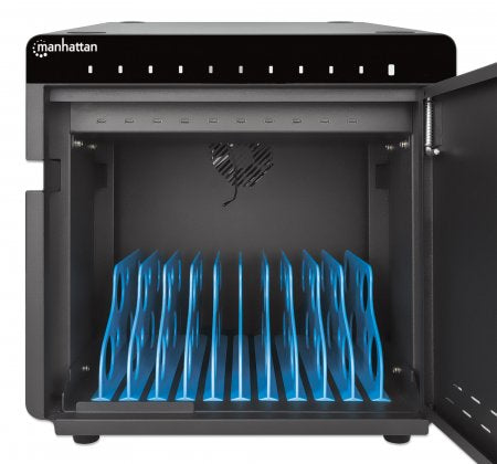 Manhattan iPad to 11" 10-bay Charging Cabinet Desktop via USB-C, Also other tablets and smartphones (with device to USB-C cable), Bays 264x22x235mm, Device charging cables not included (suggest USB-C cable 354868), Cart, Lockable, EU/UK power cords