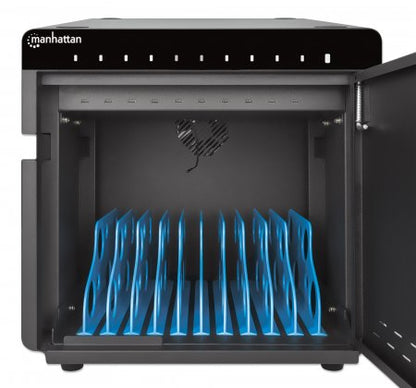 Manhattan iPad to 11" 10-bay Charging Cabinet Desktop via USB-C, Also other tablets and smartphones (with device to USB-C cable), Bays 264x22x235mm, Device charging cables not included (suggest USB-C cable 354868), Cart, Lockable, EU/UK power cords