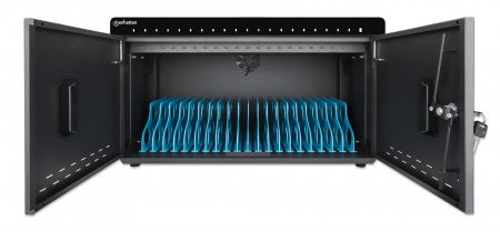 Manhattan iPad to 11" 20-bay Charging Cabinet Desktop via USB-C, Also other tablets and smartphones (with device to USB-C cable), Bays 264x22x235mm, Device charging cables not included (suggest USB-C cable 354868), Cart, Lockable, EU/UK power cords
