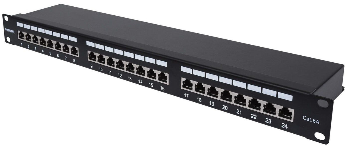 Intellinet Patch Panel, Cat6A, Ftp, 24-Port, 1U, Shielded, 90° Top-Entry Punch Down Blocks, Black