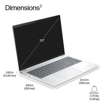 HP DK4W0AT laptop Copilot+ PC Intel Core Ultra 7 40.6 cm (16") WUXGA 16 GB LPDDR5x-SDRAM 512 GB SSD Wi-Fi 7 (802.11be) Windows 11 Pro Silver