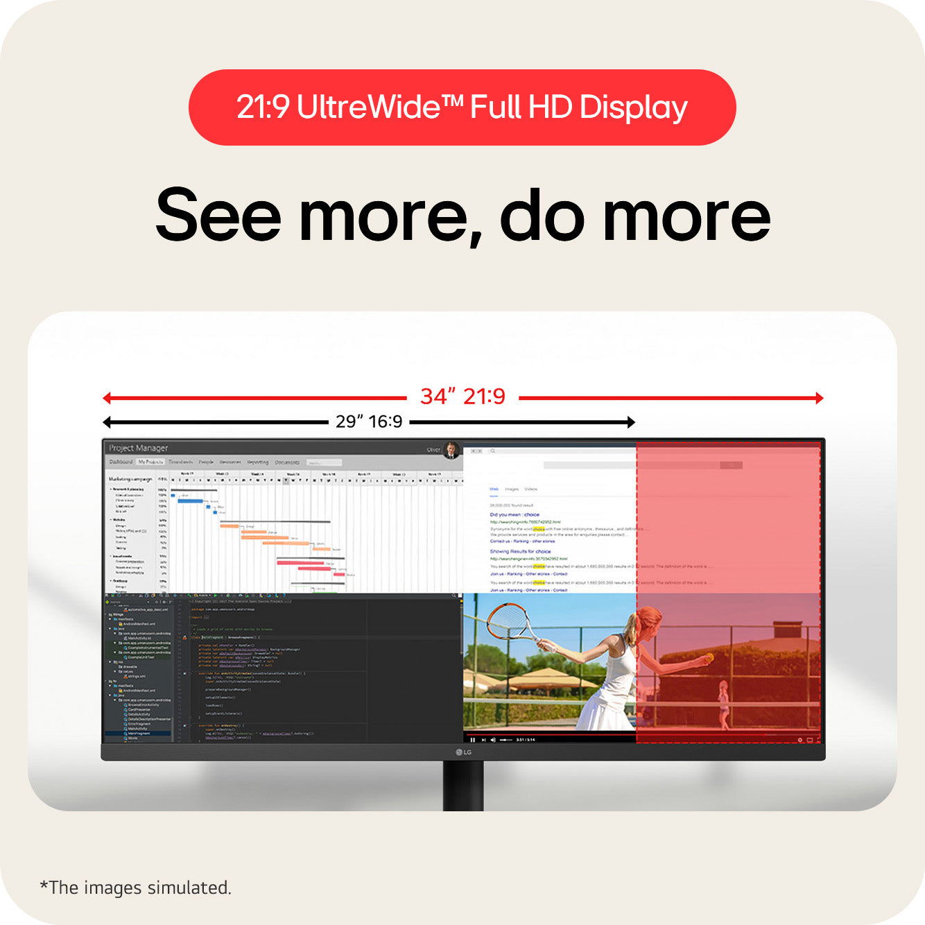 LG UltraWide U5 Monitor (34U511A) - 34-inch 21:9 UltraWide™ WFHD (2560x1080) IPS Display, sRGB 99%, HDR400, 100Hz Refresh Rate, Eye-Care Features, Clutter-free Design, Height Adjustable