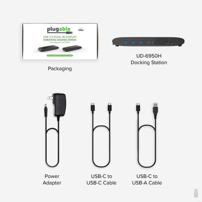Plugable Technologies Universal Laptop Docking Station, 4K Dual Monitor, DisplayPort or HDMI, Windows Mac or ChromeOS Laptops, USB-C or USB 3.0, Adds 2 Displays, Ethernet, Audio, 6 USB Ports