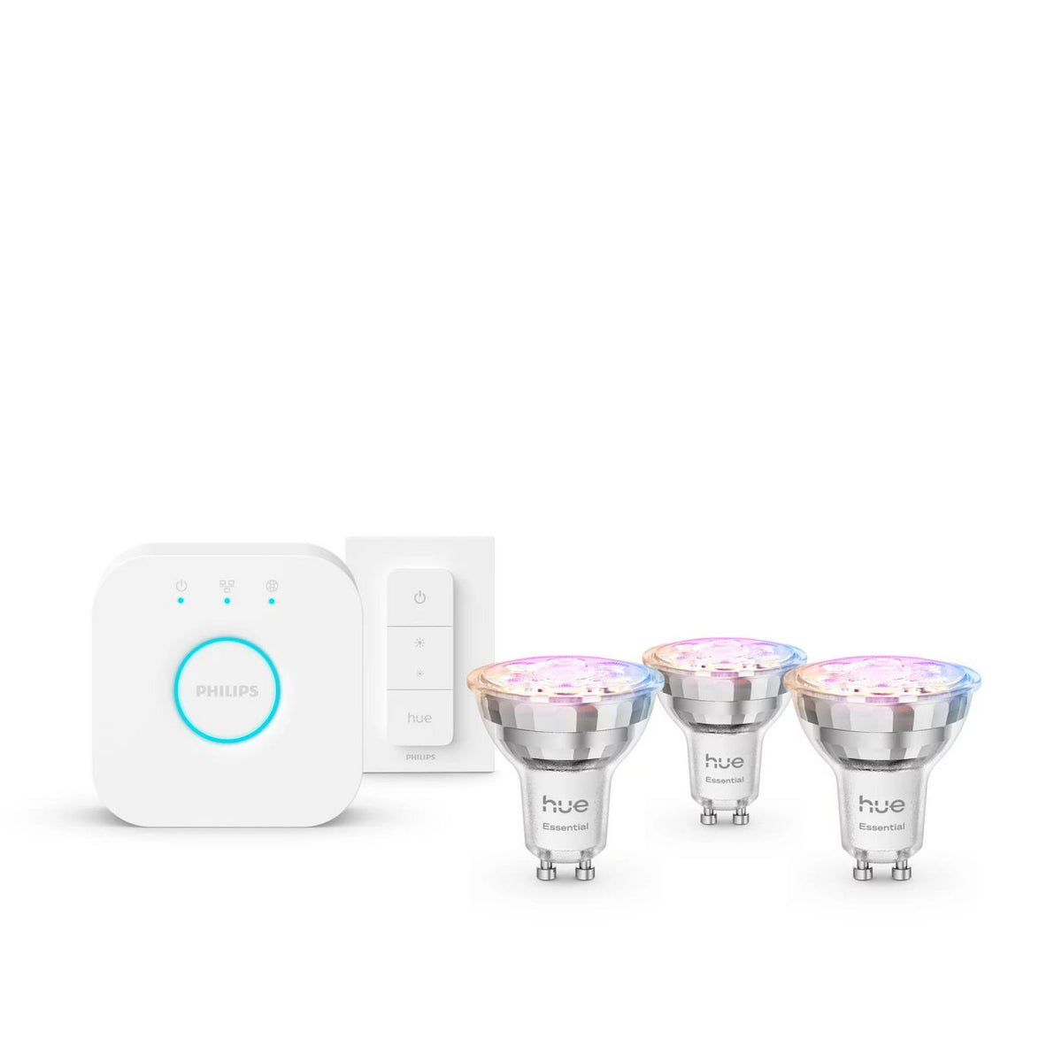 Philips by Signify Philips Hue White And Colour Ambience Essential Starter Kit: 3 Gu10 Smart Bulbs (345 Lm) + Dimmer Switch