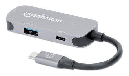 Manhattan USB-C Dock/Hub, Ports (x3): HDMI, USB-A and USB-C, with Power Delivery (PD) 100W- requires external USB-C charger (not included). USB powered (no external power supply required) when PD is not in use, Aluminium