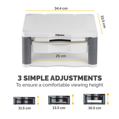 Fellowes Computer Monitor Stand with 3 Height Adjustments - Premium Monitor Riser Plus with Cable Management - Ergonomic Adjustable Monitor Stand for Computers - Max Weight 36KG/Max Size 21" - Platinum
