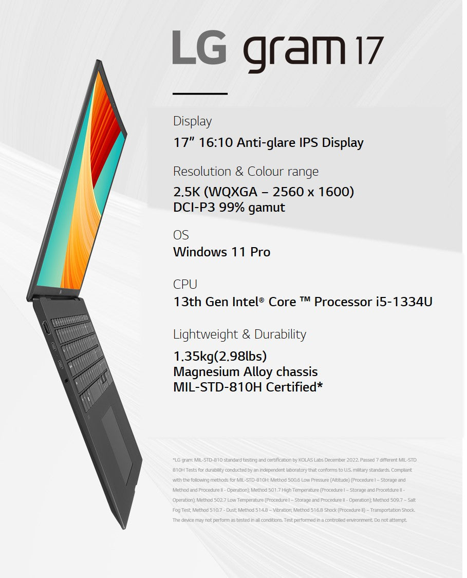 LG Gram 17Z90RU-G.AA58A1 laptop Intel® Core™ i5 i5-1334U 43.2 cm (17") 2.5K 16 GB LPDDR4x-SDRAM 1 TB SSD Wi-Fi 6E (802.11ax) Windows 11 Home Black