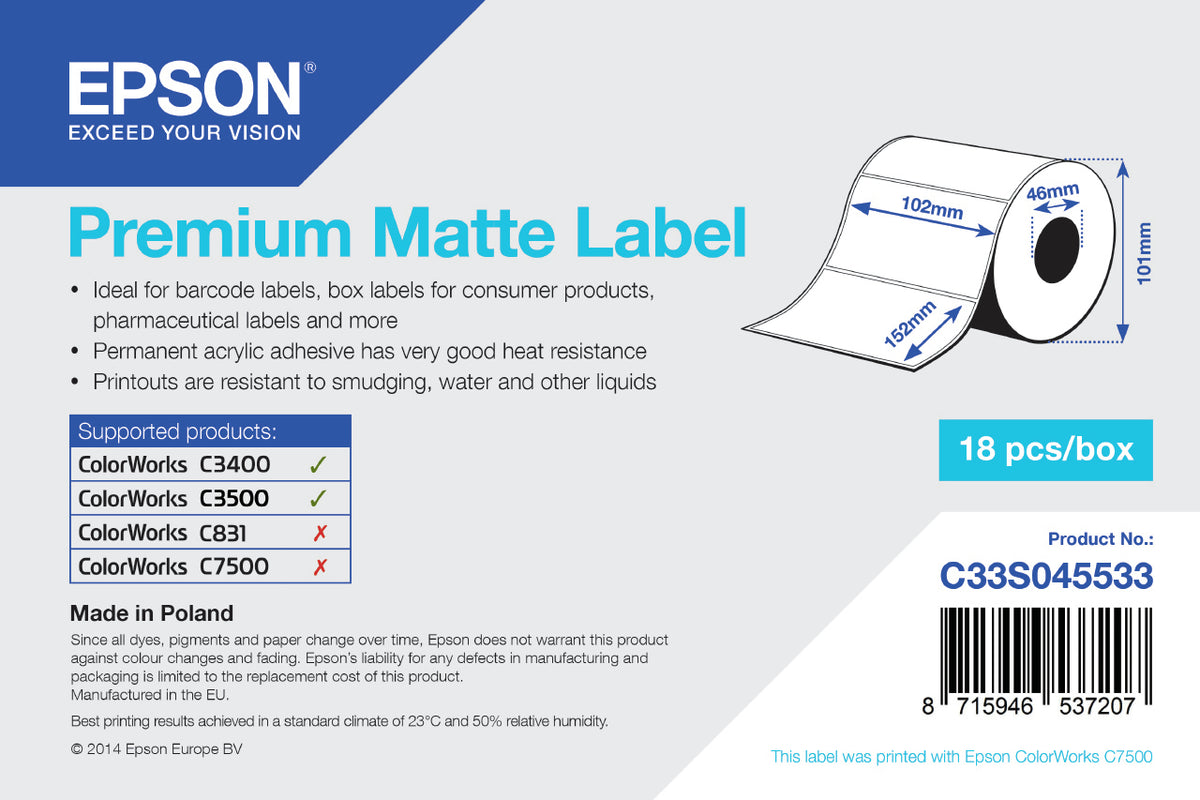 Epson C33S045533 Continous label roll matt die-cut 102mm x 152mm 225 label Pack=1 for Epson TM-C 3400/3500