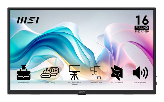 MSI Pro Mp165De E6 Portable Tv/Monitor Portable Monitor Black 39.6 Cm (15.6") Led 1920 X 1080 Pixels