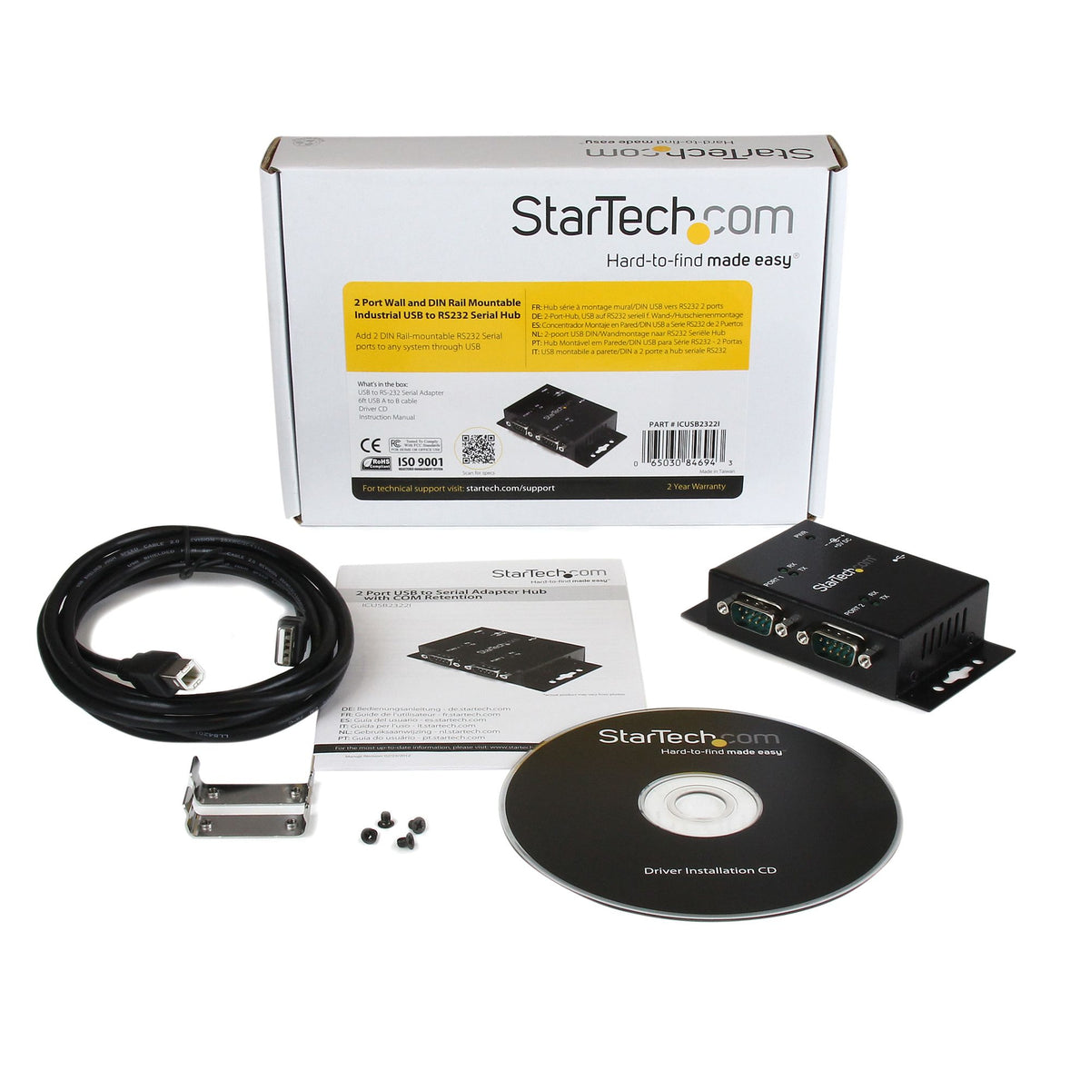 StarTech.com 2 Port Industrial Wall Mountable USB to Serial Adapter Hub with DIN Rail Clips - TAA