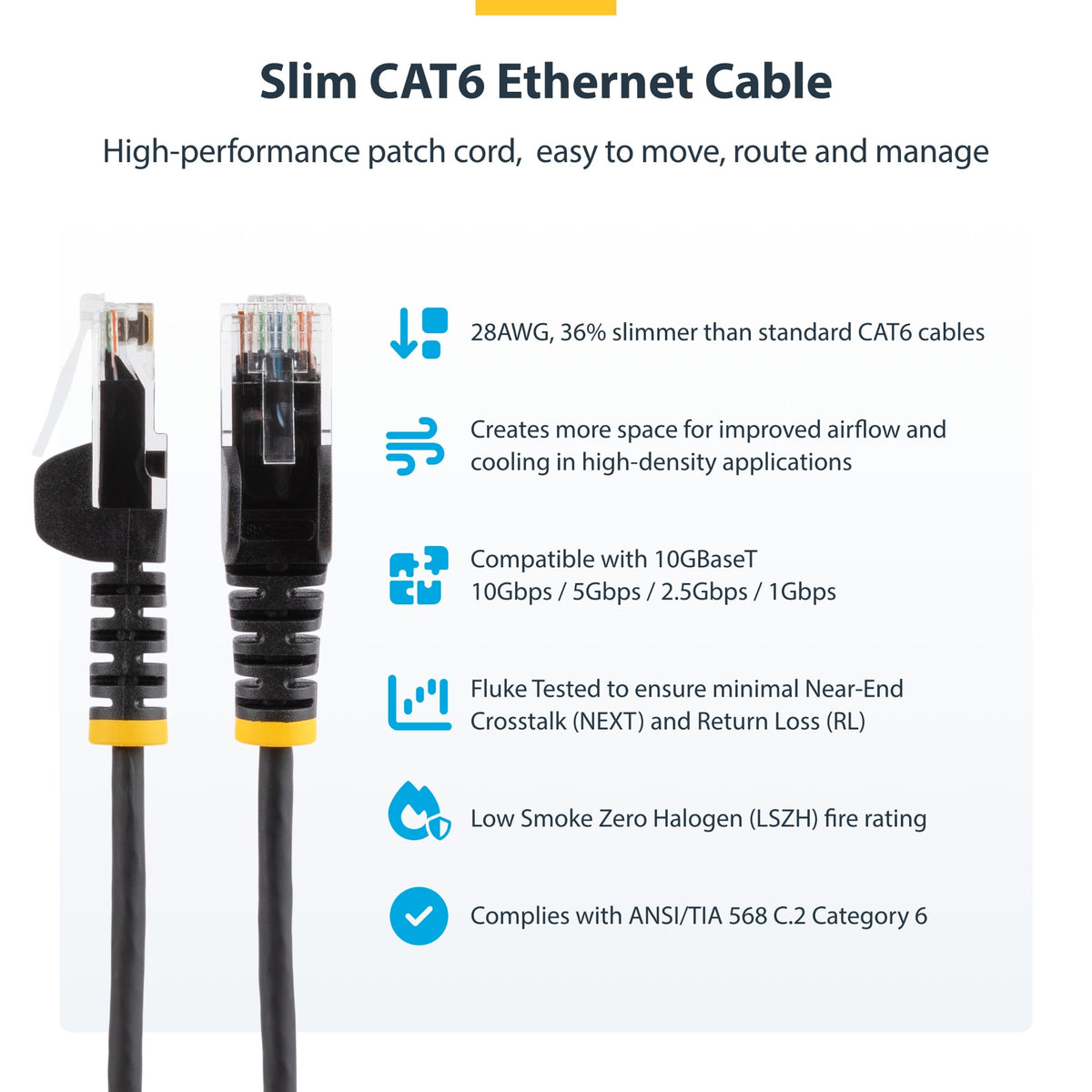 StarTech.com 50cm Yellow Slim CAT6 Ethernet Cable, Snagless, 100W PoE, UTP, LSZH, 28AWG Pure Bare Copper Wire, Slim RJ45 Network Patch Cord w/Strain Reliefs, Individually Tested