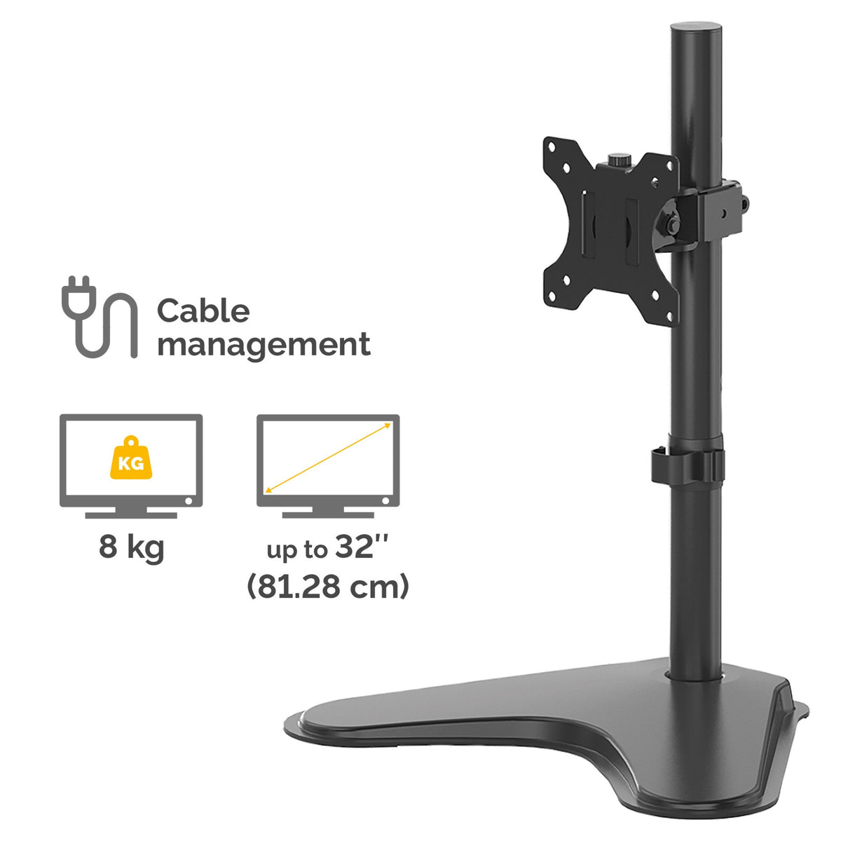 Fellowes Seasa Single Monitor Arm - Freestanding Monitor Mount for 8KG 32 inch Screens - Ergonomic Adjustable Monitor Arm - Tilt 45° Pan 120° Rotation 360°, VESA 75 x 75/100 x 100 - Black