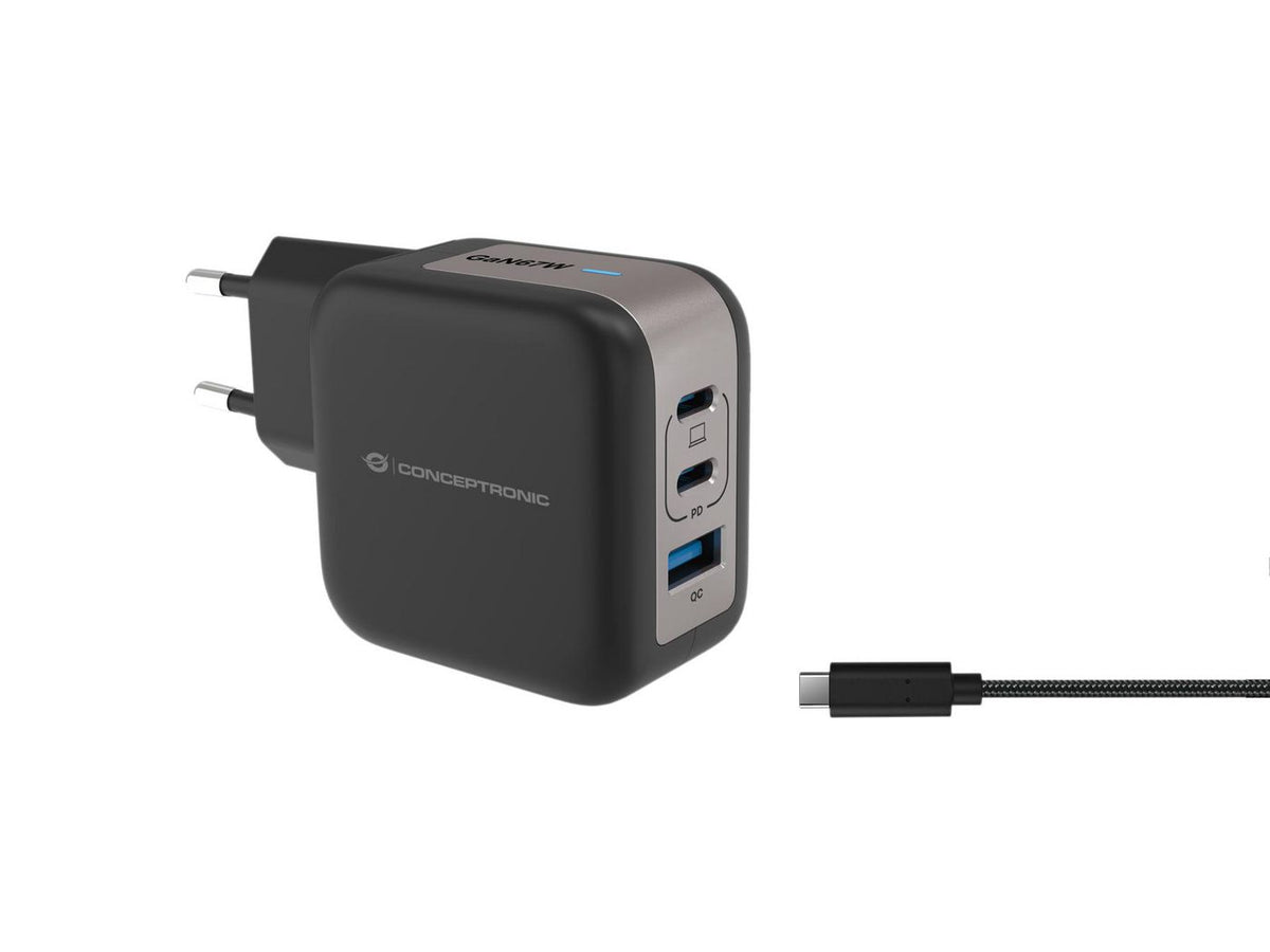 Conceptronic 3-Port 67W Gan Usb Pd Charger With Usb-C Charging Cable, Usb-C X 2, Usb-A X 1, Qc 3.0, Pps