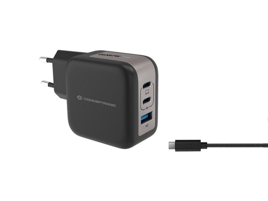 Conceptronic 3-Port 67W Gan Usb Pd Charger With Usb-C Charging Cable, Usb-C X 2, Usb-A X 1, Qc 3.0, Pps