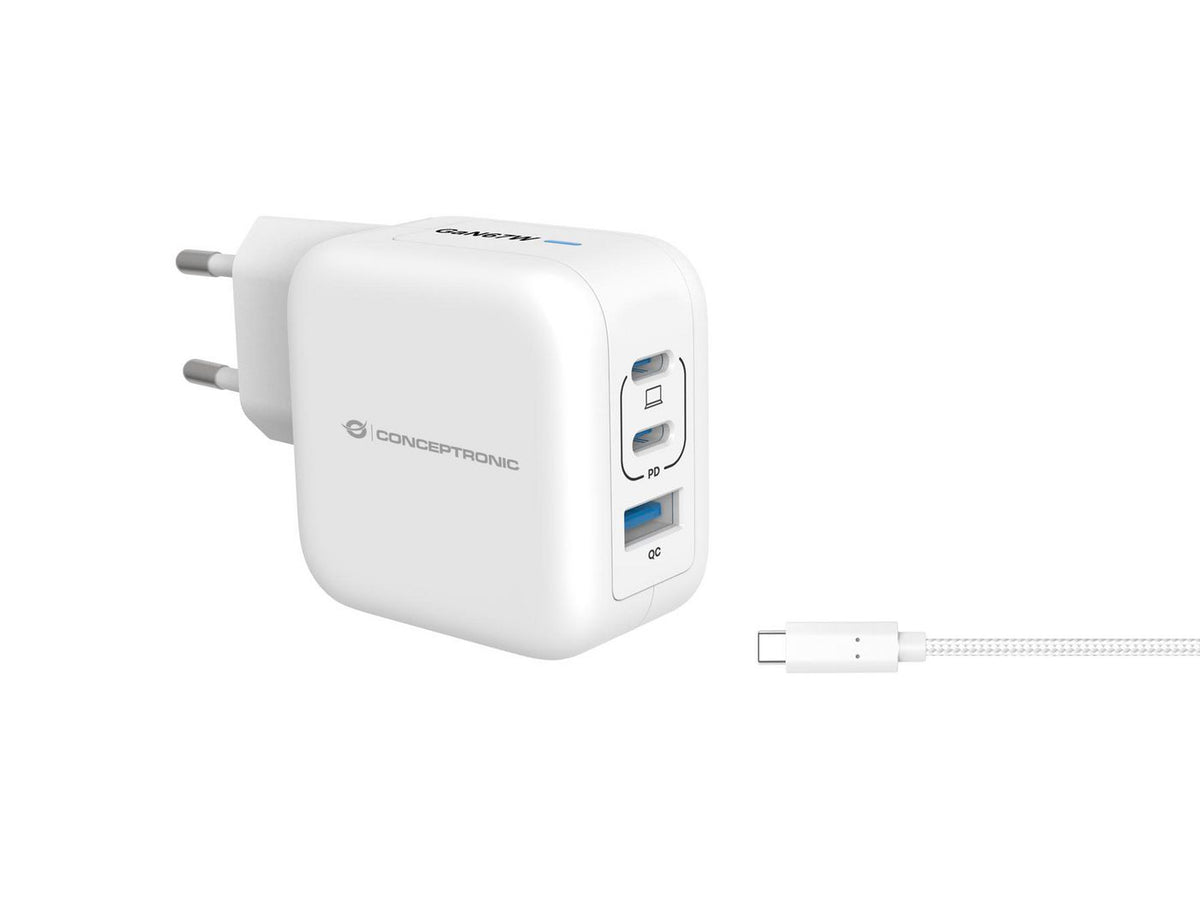Conceptronic 3-Port 67W Gan Usb Pd Charger With Usb-C Charging Cable, Usb-C X 2, Usb-A X 1, Qc 3.0, Pps
