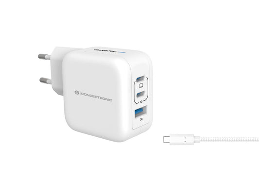 Conceptronic 3-Port 67W Gan Usb Pd Charger With Usb-C Charging Cable, Usb-C X 2, Usb-A X 1, Qc 3.0, Pps