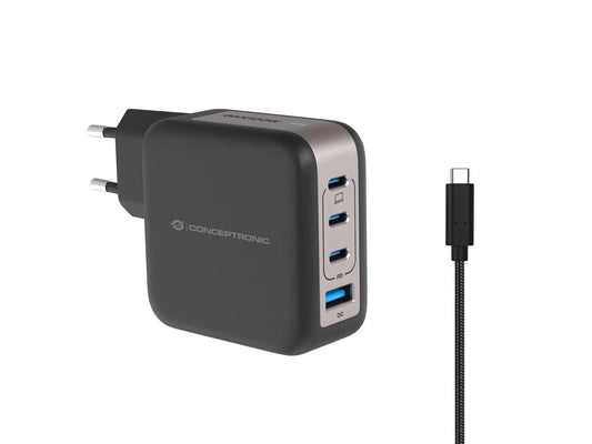 Conceptronic 4-Port 100W Gan Usb Pd Charger With Usb-C Charging Cable, Usb-C X 3, Usb-A X 1, Qc 3.0, Pps