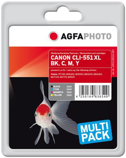 AgfaPhoto Ink B/C/M/Y 4x11 ml. APCCLI551XLSET, Pigment-based ink, Black,Cyan,Magenta,Yellow, Multi pack, 4 pc(s), 5530 pages, 970 pages