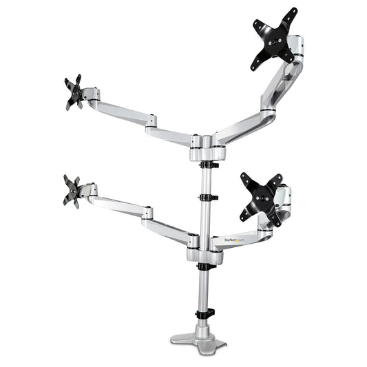 StarTech.com Desk Mount Quad Monitor Arm – Premium Articulating VESA 4 Monitor Mount 2x2 up to 30" (24.8lb/11.3kg) – Ergonomic Height Adjustable Pole Mount - Tilt/Swivel/Rotate - C-Clamp/Grommet - Silver - TAA