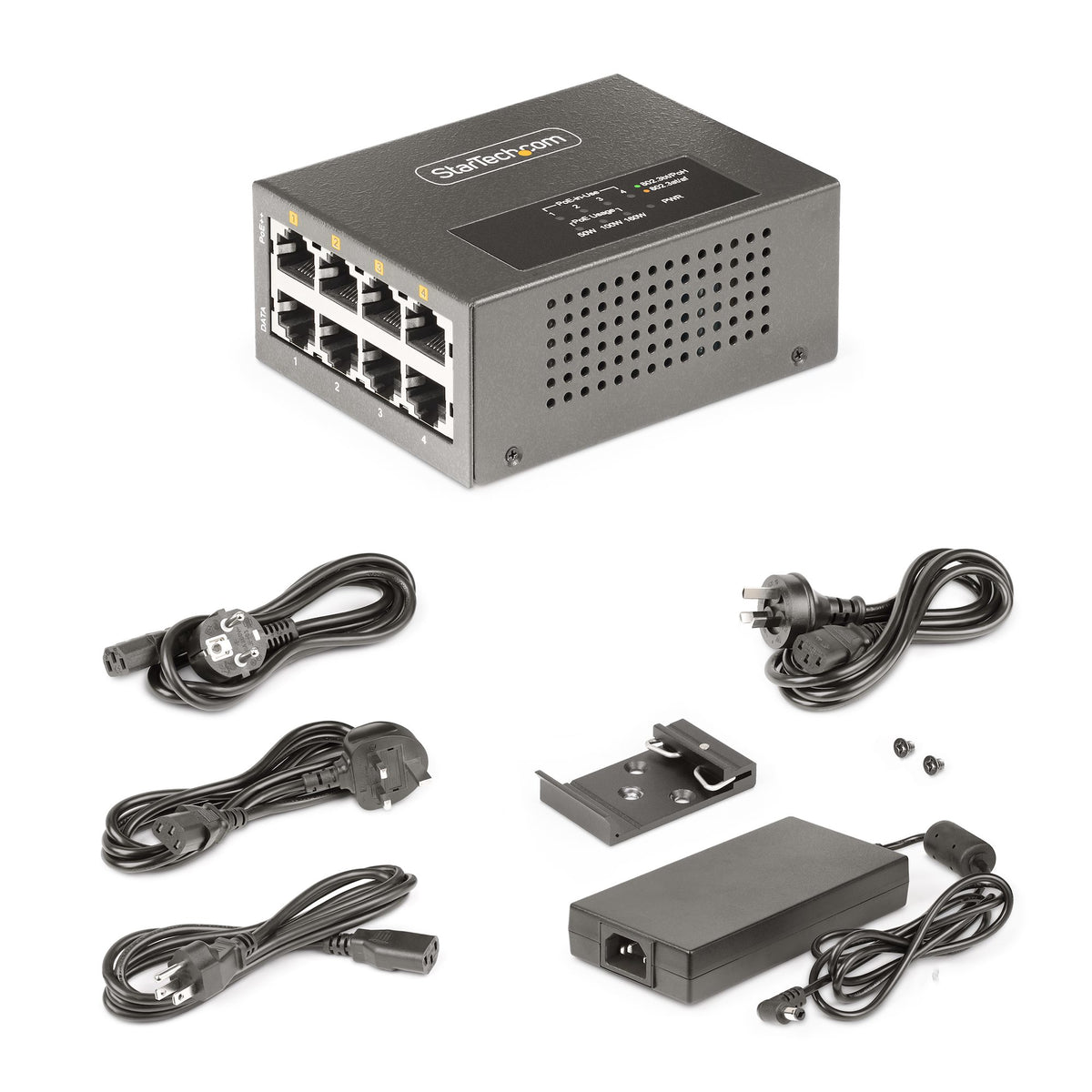 StarTech.com 4-Port Multi-Gigabit PoE++ Injector, 5/2.5/1G Ethernet (NBASE-T), PoE/PoE+/PoE++ (802.3af/802.3at/802.3bt), 160Watts Power Budget, Wall/DIN Rail Mountable, Unmanaged - TAA