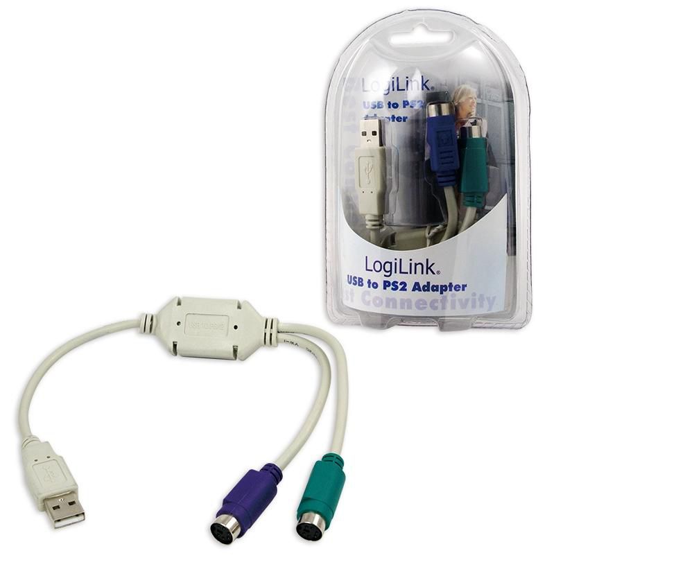 LogiLink USB 1.1 adapter, A/M to 2x Mini-DIN 6 (PS/2)/M, grey, 0.3 m Adapter USB - 2x PS/2, 0.2 m, USB M, 2x Mini DIN 6-pin FM, Male, Female,