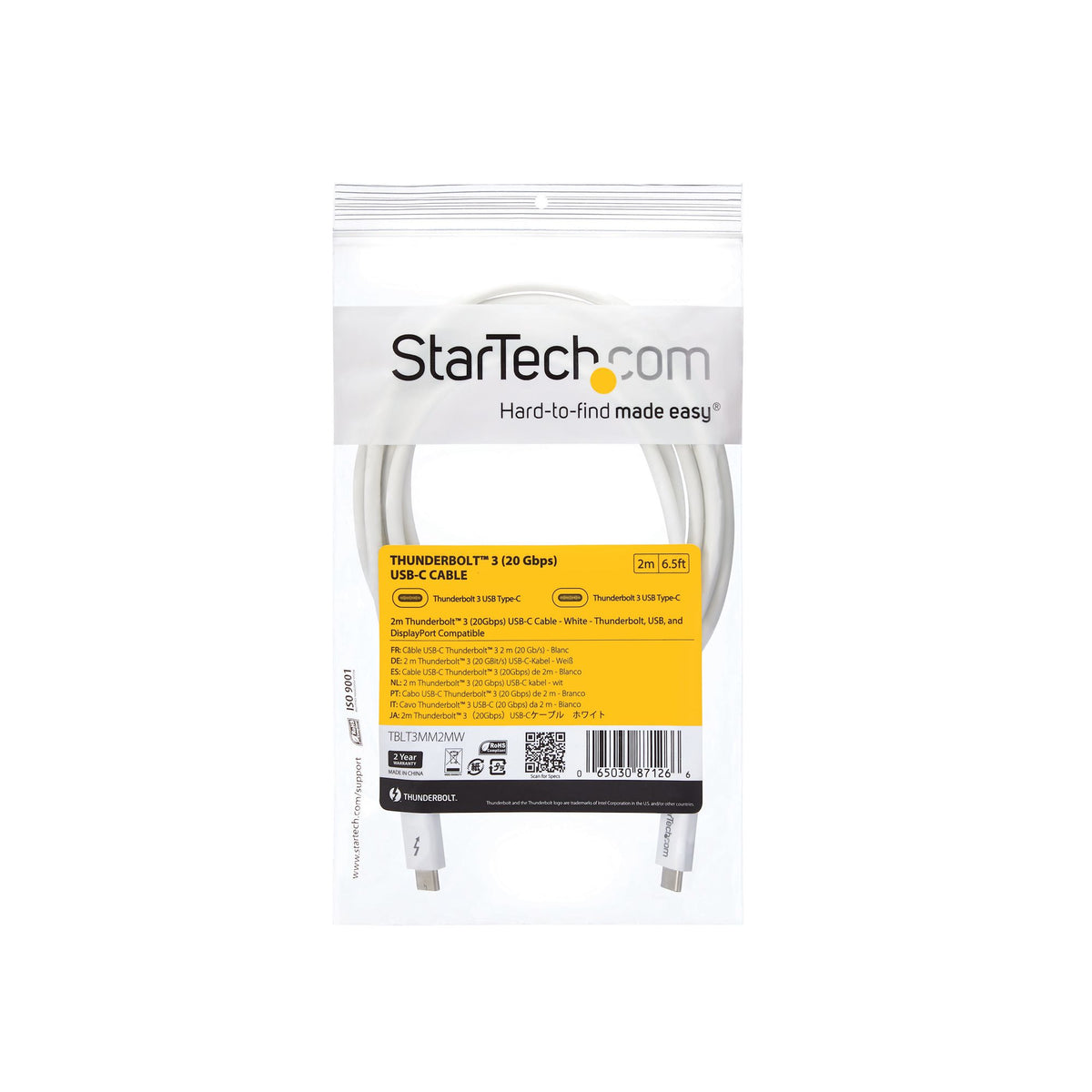 StarTech.com 6.6ft (2m) Thunderbolt 3 Cable, 20Gbps, 100W PD, 4K, Thunderbolt Certified, Compatible with Thunderbolt 4/USB 3.2/DisplayPort