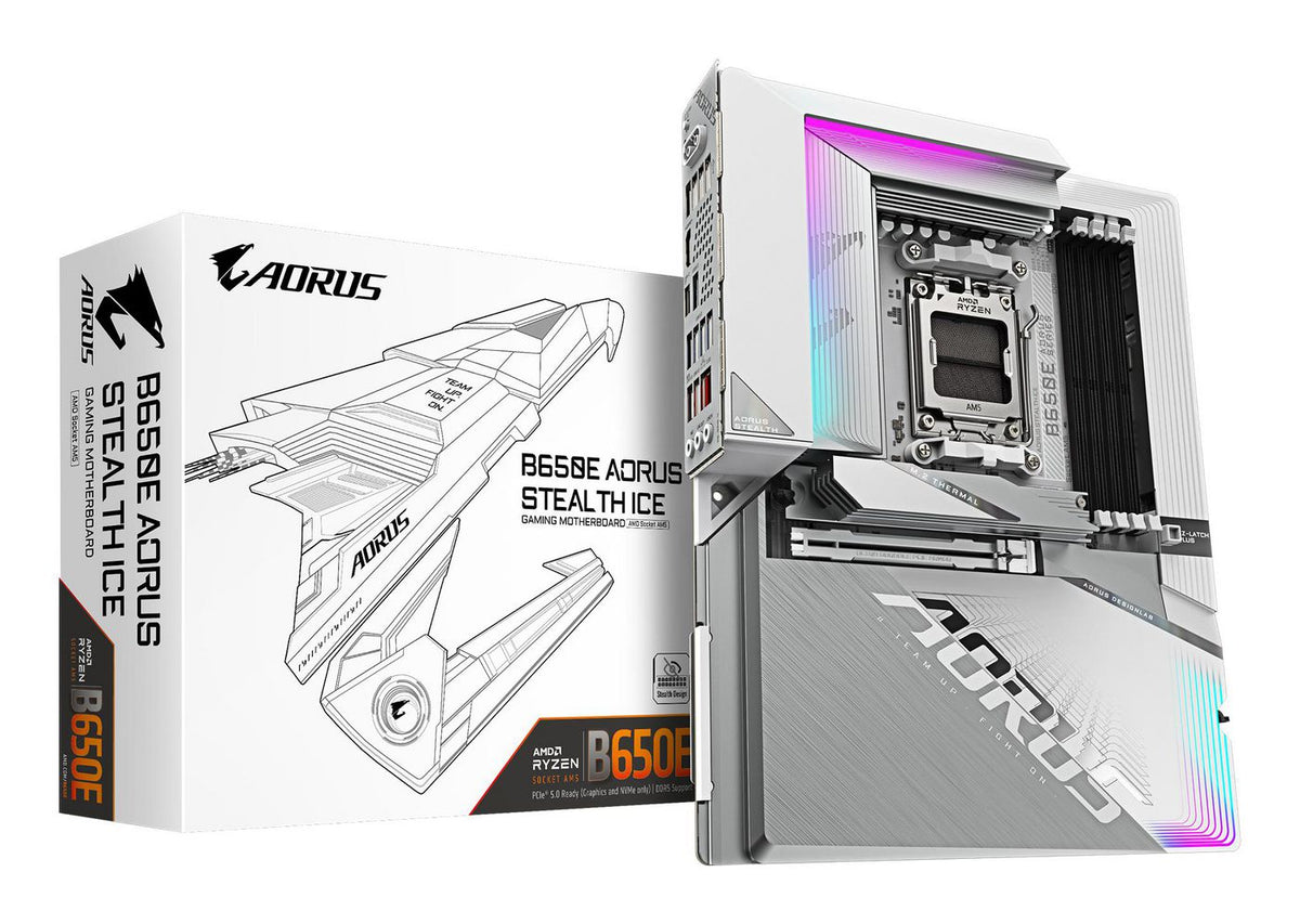 Gigabyte B650E Aorus Stealth Ice Motherboard - Amd Ryzen 9000 Series Cpus, 12+2+2 Phases Vrm, Up To 8000Mhz Ddr5 (Oc), 1Xpcie 5.0 + 2Xpcie
