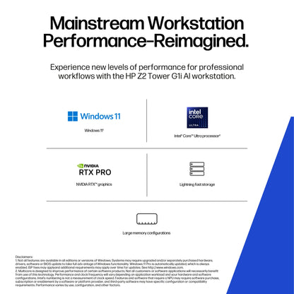 HP Z2 Tower G1i Intel Core Ultra 7 265 32 GB DDR5-SDRAM 1 TB SSD NVIDIA RTX A400 Windows 11 Pro Workstation AI Workstation, AI PC Black