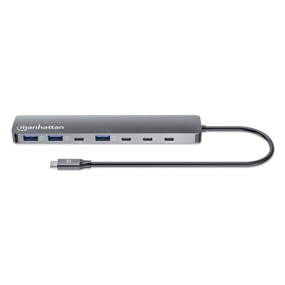 Manhattan USB-C Dock/Hub, Ports (x7): USB-A (x3) and USB-C (x4), with Power Delivery (PD) 100W- requires external USB-C charger (not included). USB powered (no external power supply required) when PD is not in use, Aluminium