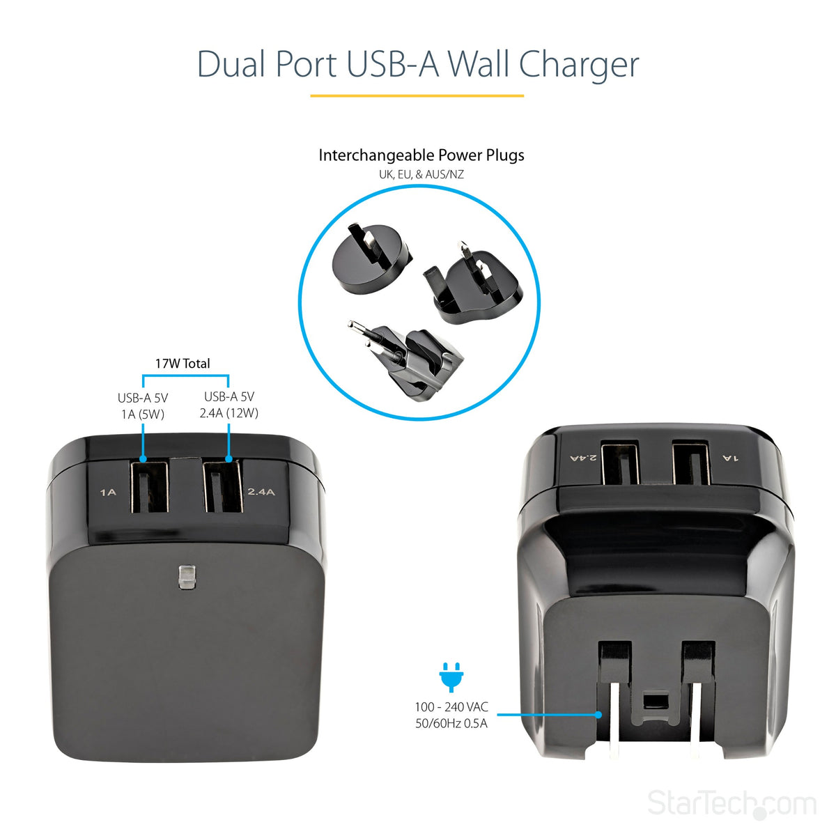 StarTech.com Dual-Port USB Wall Charger - International Travel - 17W/3.4A - Black