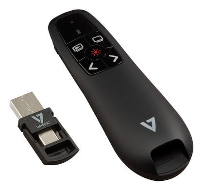 V7 WP500C Wireless Presenter Dual USB-C + USB-A - 2.40 GHz RF - Black - Red Laser Pointer - 5 Button(s) - Wireless - Radio Frequency - USB - Storable USB Receiver slot