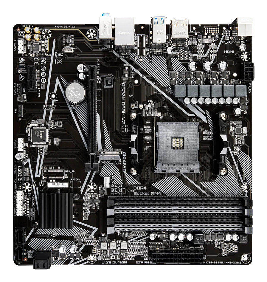 GIGABYTE A520M DS3H V2 Motherboard - Supports AMD Ryzen 5000 Series AM4 CPUs, up to 4733MHz DDR4 (OC), PCIe 3.0 x16, GbE LAN, USB 3.2 Gen 1
