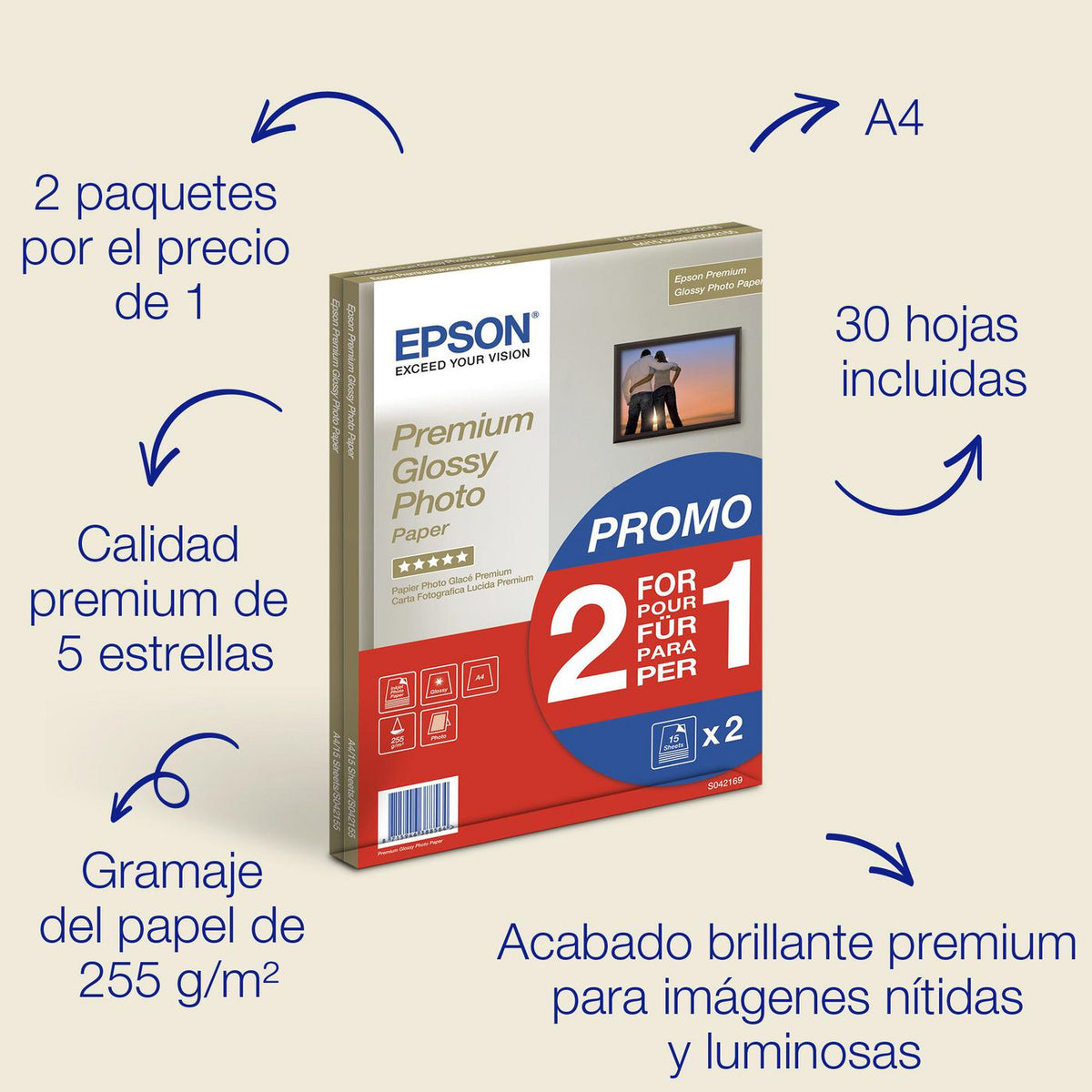 Epson Premium Glossy Photo Paper A4 Premium Glossy Photo Paper - A4 - 2x 15 Sheets, Premium-gloss, 255 g/m², A4, 30 sheets, - SureColor