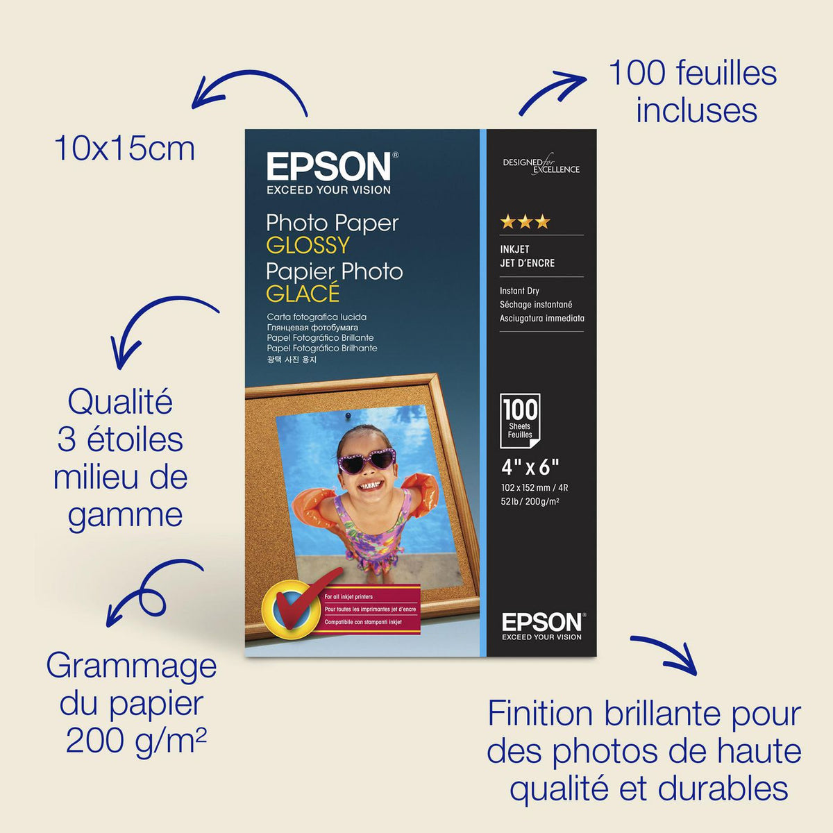 Epson Photo Paper Glossy 100 sheets Photo Paper Glossy - 10x15cm - 100 sheets, Gloss, 200 g/m², 100 sheets, - WorkForce WF-7620DTWF - WorkForce