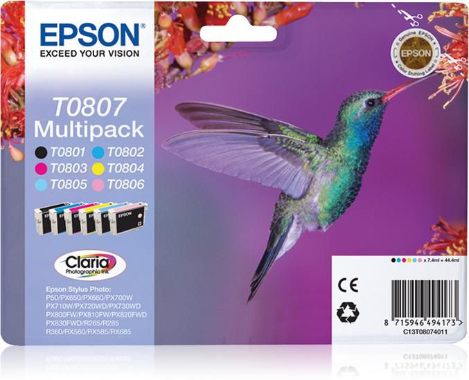 Epson T0807 Hummingbird Multipack 6-colours T0807 Claria Photographic Ink, Original, Pigment-based ink,