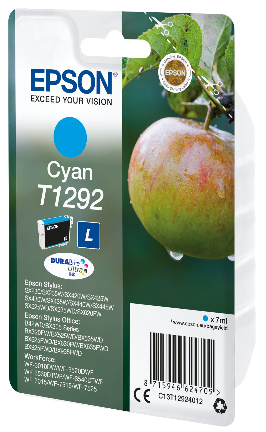 Epson C13T12924012/T1292 Ink cartridge cyan high-capacity, 460 pages ISO/IEC 19752 7ml for Epson Stylus BX 320/SX 235 W/SX 420/SX 525/WF 3500