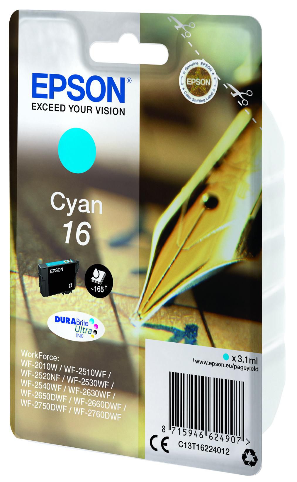 Epson INK CARTR DURABRITE CYAN 16 Pen and crossword Singlepack Cyan16 DURABrite Ultra Ink, Original, Cyan, Epson, - WorkForce WF-2760DWF -