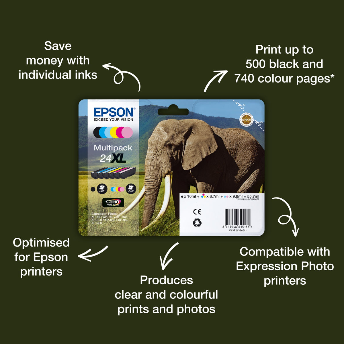 Epson C13T24214012/24 Ink cartridge black, 360 pages 5,1ml for Epson XP 750