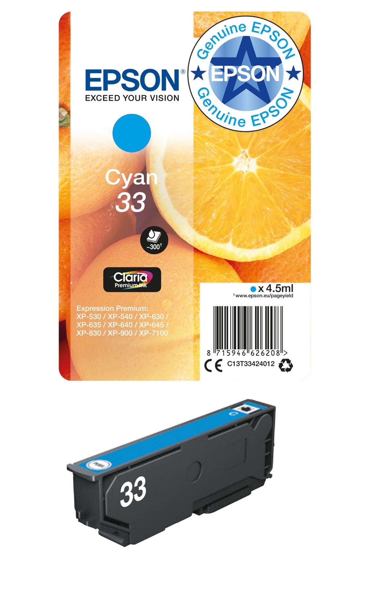 Epson C13T33424012/33 Ink cartridge cyan, 300 pages ISO/IEC 19752 4,5ml for Epson XP 530