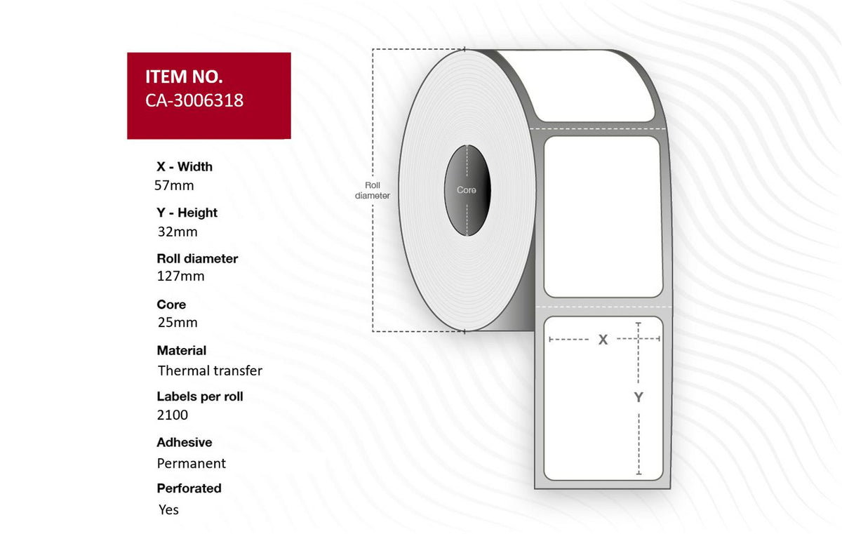Capture Label 57 x 32mm, Core 25mm, Thermal Transfer, Coated, Permanent, Perforated, 2100 labels per roll, 12 rolls per box