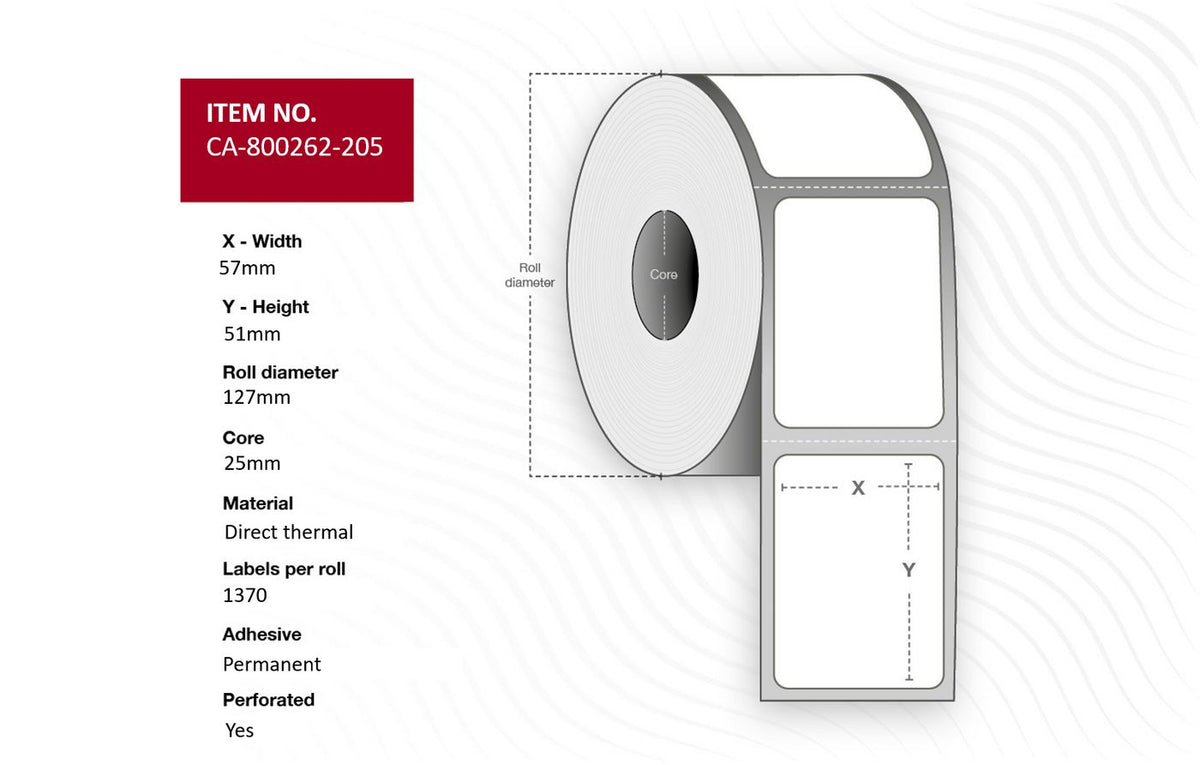 Capture Label 57 x 51mm, Core 25mm, Direct Thermal, Coated, Permanent, Perforated, 1370 labels per roll, 12 rolls per box