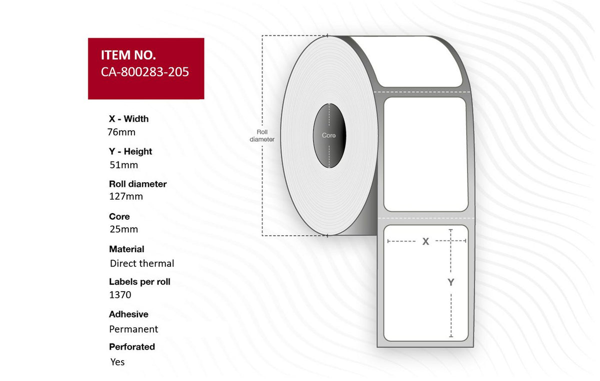 Capture Label 76 x 51mm, core 25mm, Direct Thermal, Uncoated, Permanent, Perforated, 1370 labels per roll, 12 rolls per box
