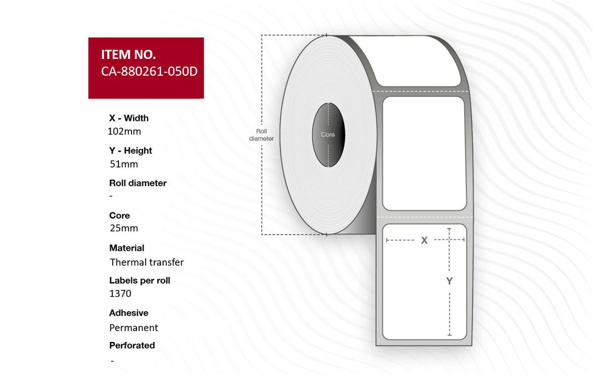 Capture Label 102 x 51mm, Core 25mm, Thermal Transfer, Polyester, Permanent, No perforation. 1370 labels per roll, 12 rolls per box.