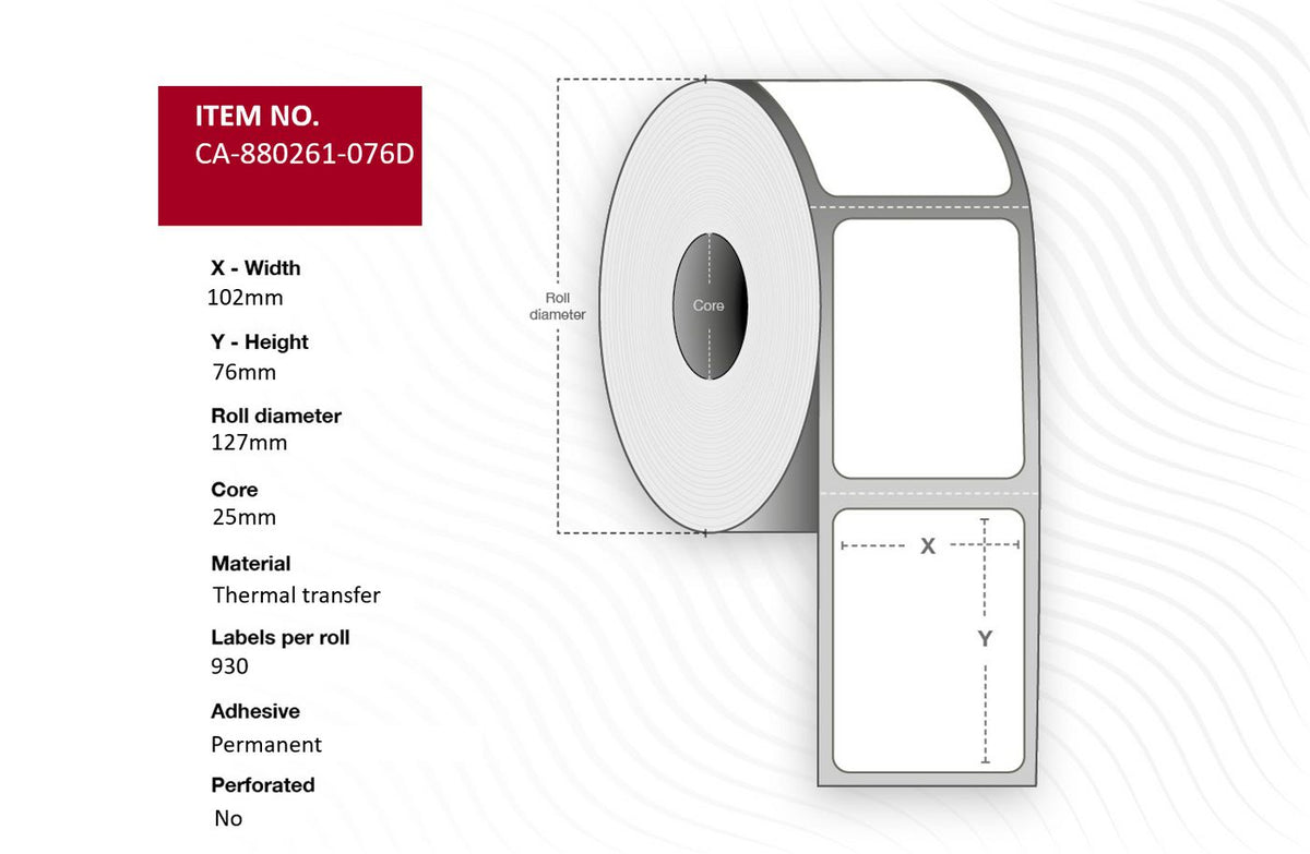 Capture Label 102 x 76mm, Core 25mm, Thermal Transfer, Polyester, Permanent, No perforation, 930 labels per roll, 12 rolls per box