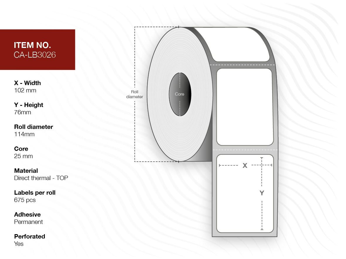 Capture Label 102x76, Core 25, Diameter 114 mm. Thermal print. Top coated. Permanent. 675 labels per roll. 16 rolls per box.