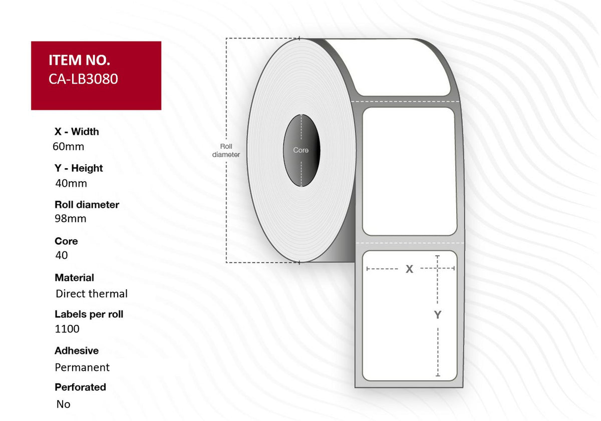 Capture Label 60x40, Core 40, Diameter 98 mm. Thermal print. Top coated. Permanent. 1100 labels per roll. 12 rolls per box.